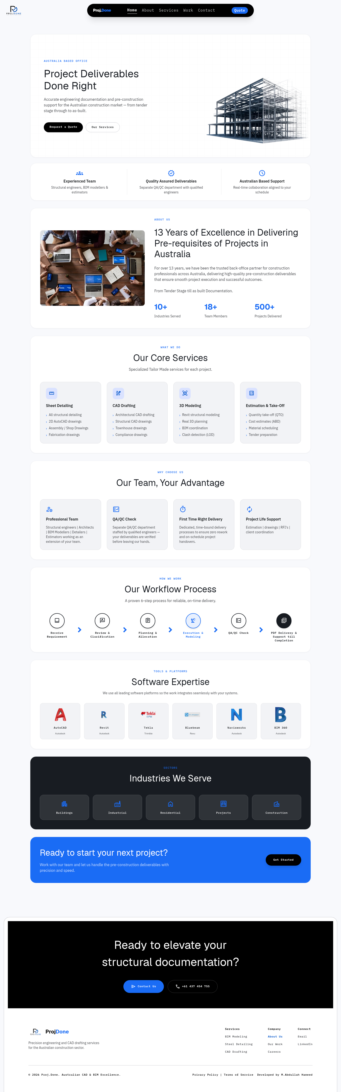Full-page screenshot of the Projdone website