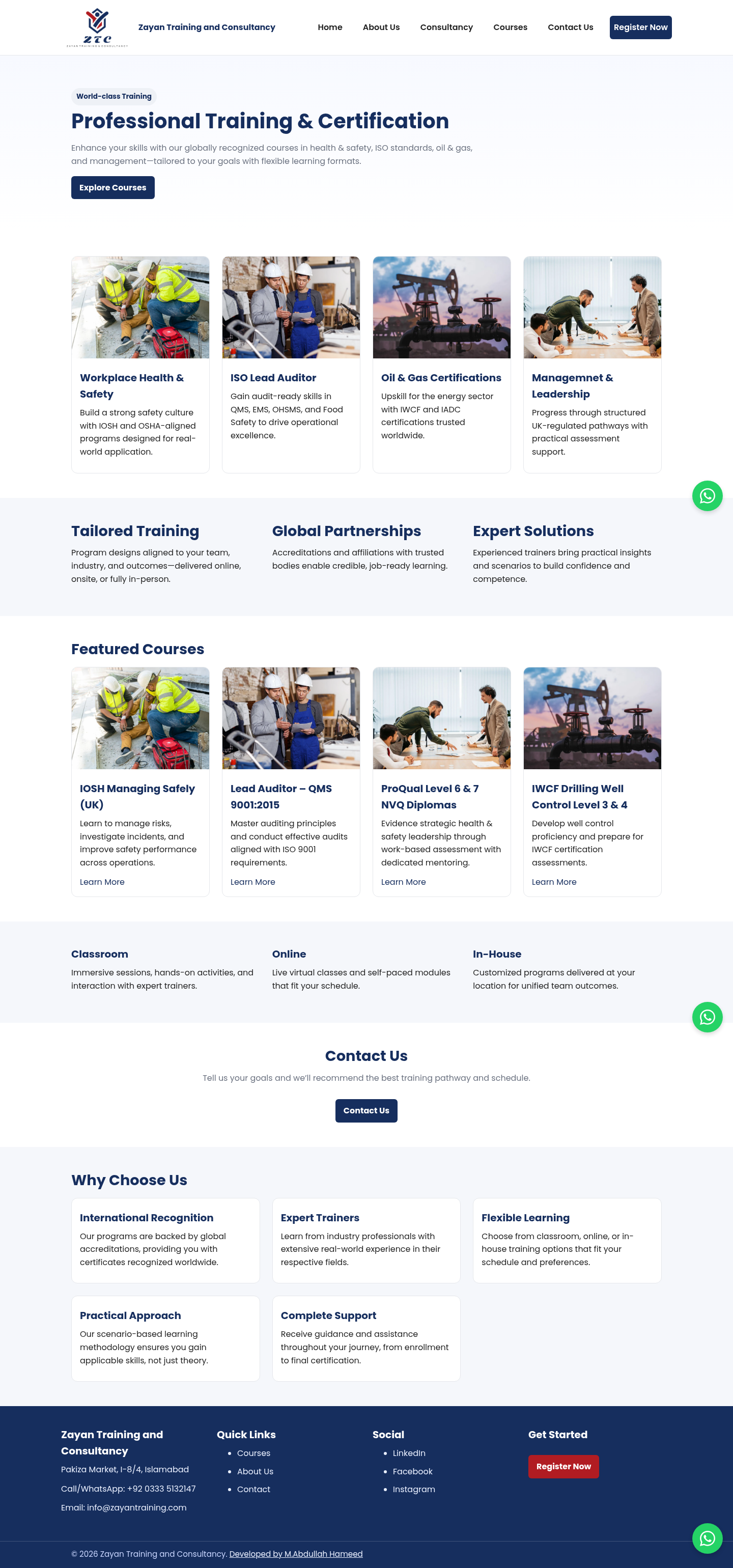 Full-page screenshot of the Zayan Training & Consultancy website